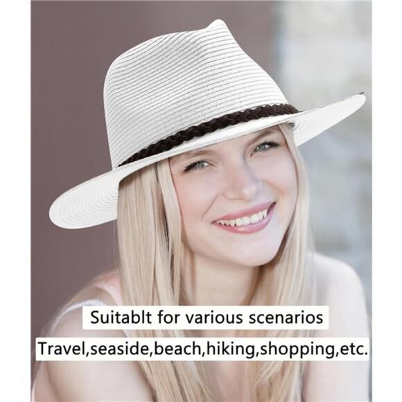 Women\'s Straw Panama Hat Wide Brim Fedora Summer Sun Hat UPF50+, White main image 5